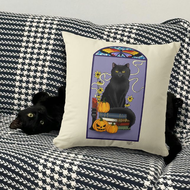 Art Nouveau Svart Katt Pumpa Lila Höst Gul Kudde (Skapare uppladdad)