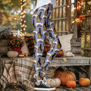 Art Nouveau Svart Katt Pumpa Lila Höst Gul Leggings
