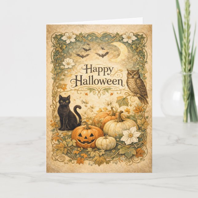 Art Nouveau Svart Katt Ugglor Halloween Kort (Framsida)