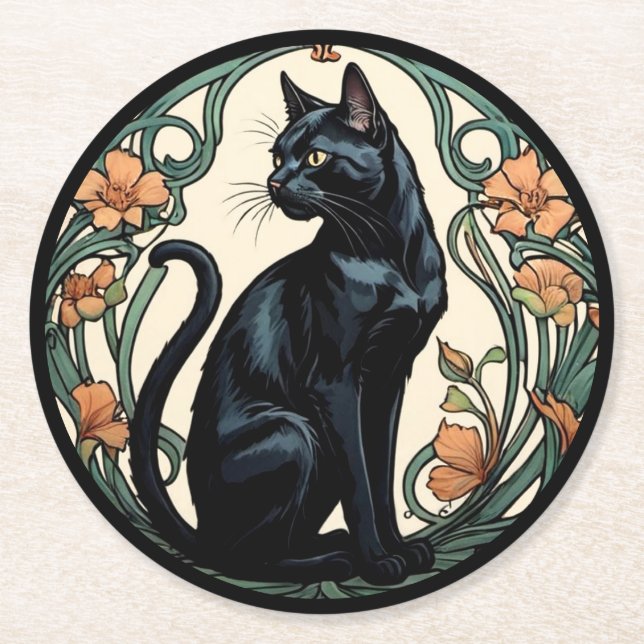 Art Nouveau svart katt Underlägg Papper Rund (Framsidan)