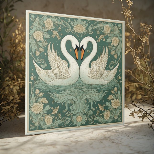 Art Nouveau Swan Couple Decorative Lake Scenery  Kakelplatta (Art Nouveau Swan Couple Decorative Lake Scenery Ceramic Tile)