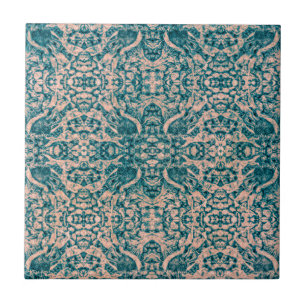 art nouveau Teal Grönt Beige Spegel Art Mönster Kakelplatta