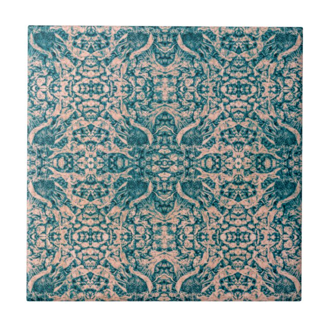 art nouveau Teal Grönt Beige Spegel Art Mönster  Kakelplatta (Framsidan)