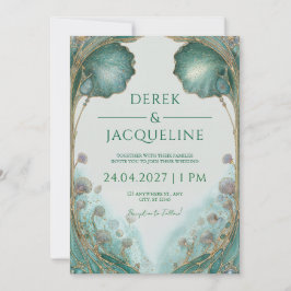Art Nouveau Teal Guld Ginkgo Blad Bröllop Inbjudningar