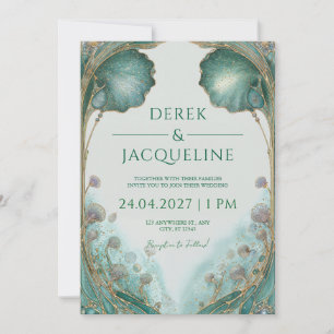 Art Nouveau Teal Guld Ginkgo Blad Bröllop Inbjudningar