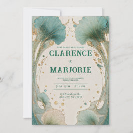 Art Nouveau Teal Guld Ginkgo Blad Bröllop Inbjudningar