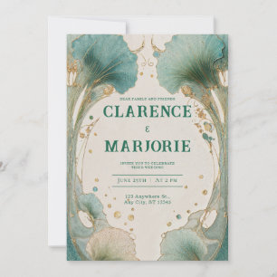 Art Nouveau Teal Guld Ginkgo Blad Bröllop Inbjudningar