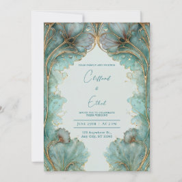 Art Nouveau Teal Guld Ginkgo Blad Bröllop Inbjudningar