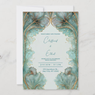Art Nouveau Teal Guld Ginkgo Blad Bröllop Inbjudningar