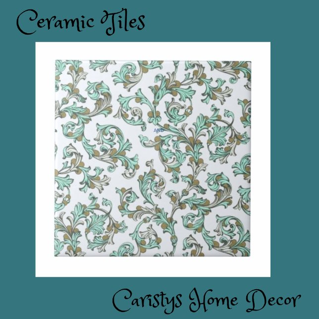 Art nouveau Teal, vit, taupe Kakelplatta (Skapare uppladdad)