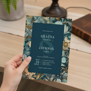 Art nouveau Teal William Morris Blommigt Bröllop Inbjudningar