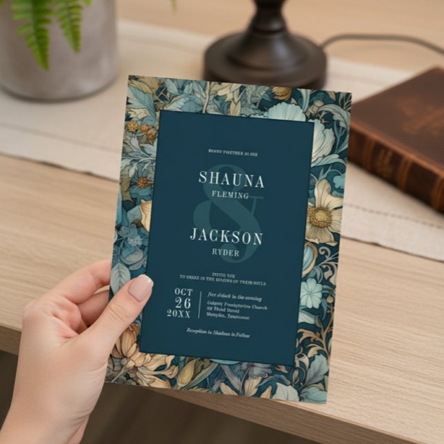 Art nouveau Teal William Morris Blommigt Bröllop Inbjudningar (Skapare uppladdad)