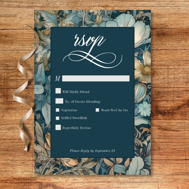 Art nouveau Teal William Morris Blommigt Bröllop OSA Kort (Art Nouveau Teal William Morris Floral Wedding RSVP Card)