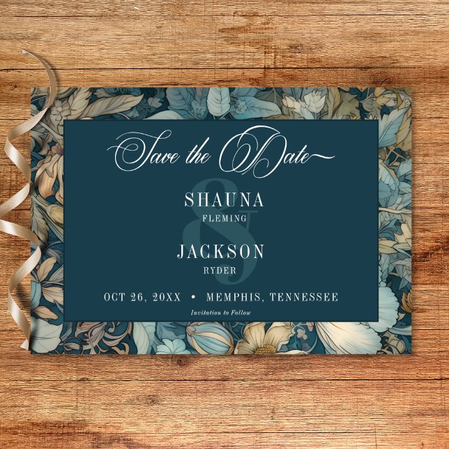 Art nouveau Teal William Morris Blommigt Bröllop Spara Datumet (Art Nouveau Teal William Morris Floral Wedding Save The Date)