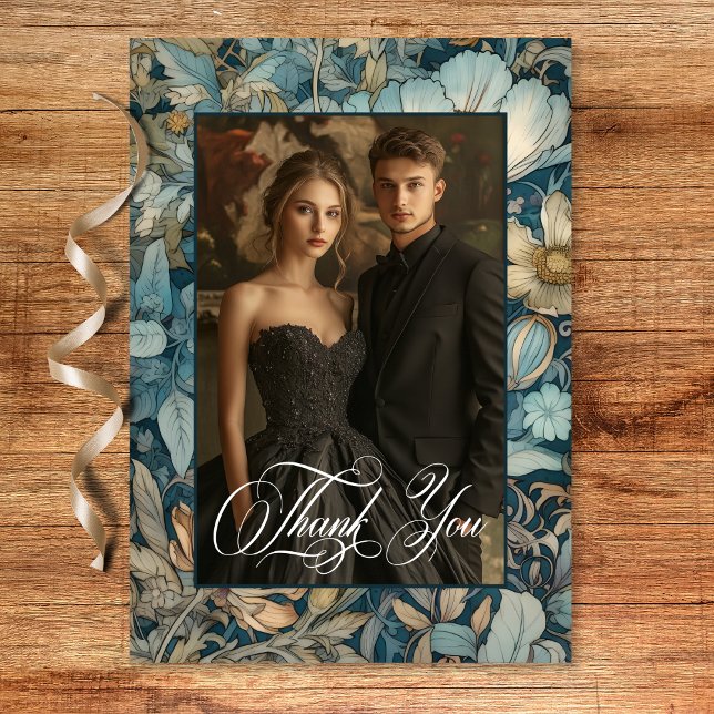 Art nouveau Teal William Morris Blommigt Bröllop Tack Kort (Art Nouveau Teal William Morris Floral Wedding Thank You Card)