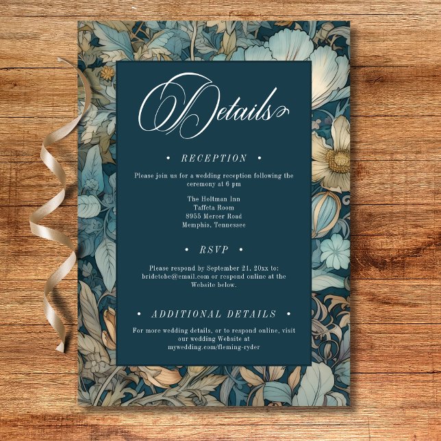 Art nouveau Teal William Morris Blommigt Bröllop Tilläggskort (Art Nouveau Teal William Morris Floral Wedding Enclosure Card)
