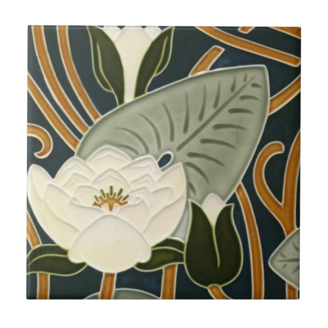 Art nouveau Tiles - White Vatten Lily Blommar Kakelplatta (Framsidan)