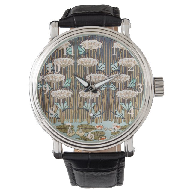 Art Nouveau Trollsländor Näckrosor Sumpmark Armbandsur (Framsida)