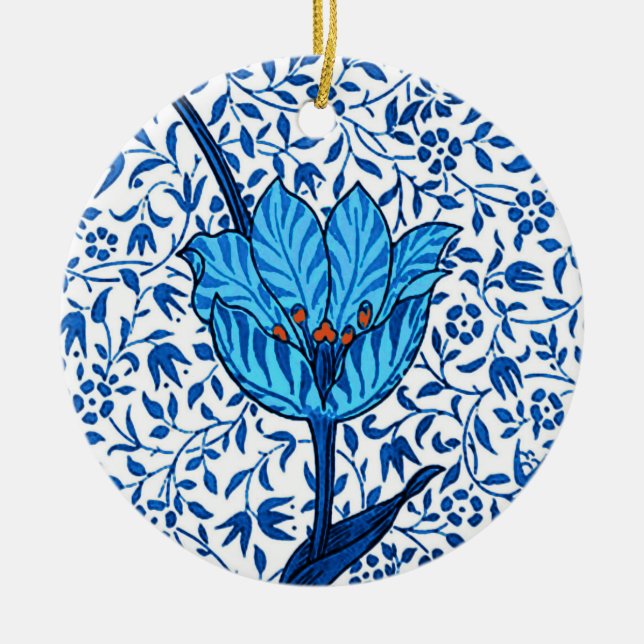 Art nouveau Tulip Damask, Cobalt Blue Julgransprydnad Keramik (Framsidan)