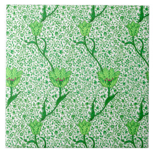 Art nouveau Tulip Damask, Emerald Grönt Kakelplatta