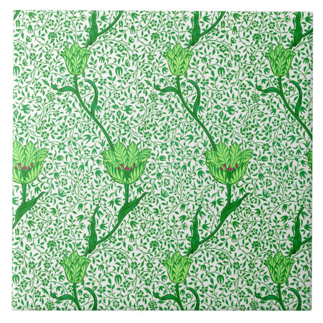 Art nouveau Tulip Damask, Emerald Grönt Kakelplatta (Framsidan)