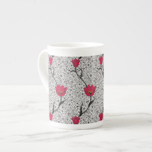 Art nouveau Tulip Damask, Grått och rött Benporslin Mugg