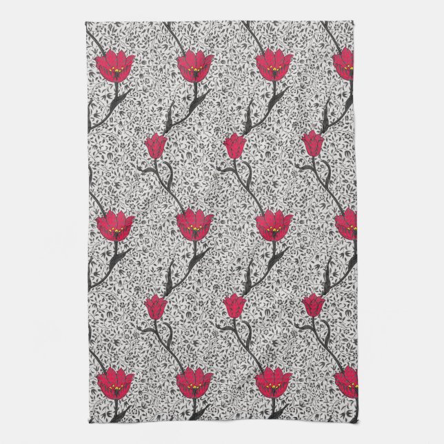 Art nouveau Tulip Damask, Grått och rött Kökshandduk (Vertikal)