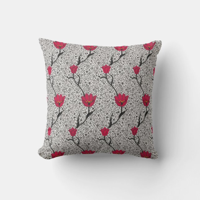 Art nouveau Tulip Damask, Grått och rött Kudde (Framsida)