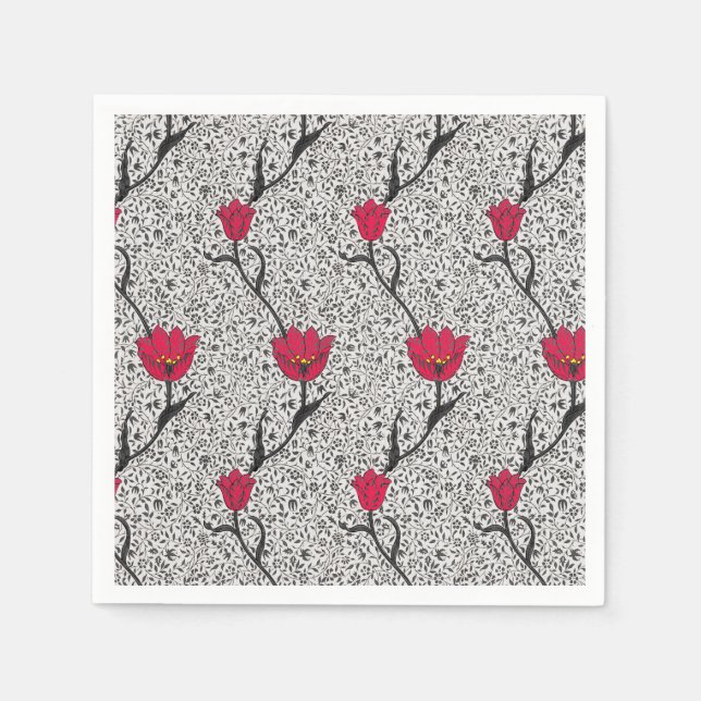 Art nouveau Tulip Damask, Grått och rött Pappersservett (Framsidan)