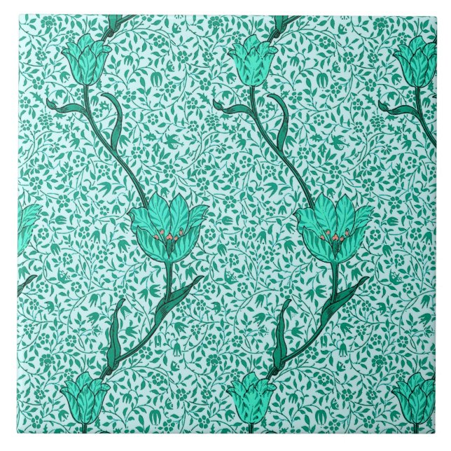 Art nouveau Tulip Damask, Turquise Kakelplatta (Framsidan)