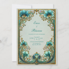 Art Nouveau Turkos Blommig Förgylld Bröllop Inbjudningar