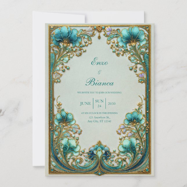 Art Nouveau Turkos Blommig Förgylld Bröllop Inbjudningar (Framsida)