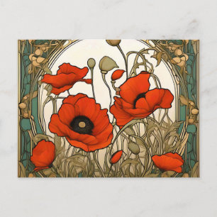 Art Nouveau Vallmo Blommor Vykort