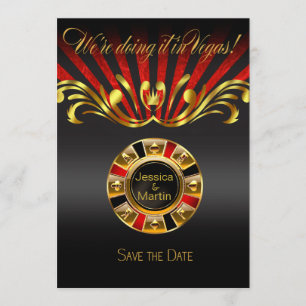 Art Nouveau Vegas Save the Date   guld röd Inbjudningar