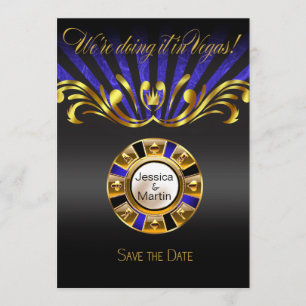 Art Nouveau Vegas Save the Date guldblå Inbjudningar
