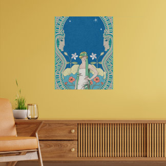 Art Nouveau Vintage Blå Dam & Blommig Valv Poster
