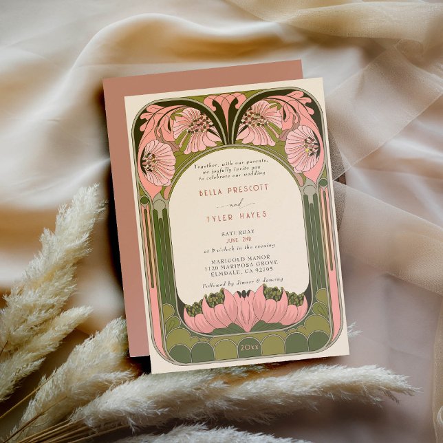 Art nouveau Vintage Blommigt Rosa Grönt Bröllop Inbjudningar (art nouveau wedding invitation vintage floral pink green aesthetic deco garden elegant)