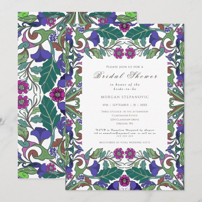 Art nouveau vintage Blue rosa blommigt möhippa Inbjudningar (Fram/baksida)