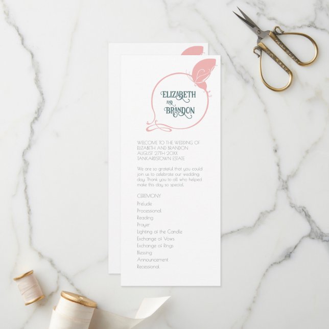 Art nouveau Vintage Butterfly Dusty Rosa Bröllop Program (Fram/Back In Situ)