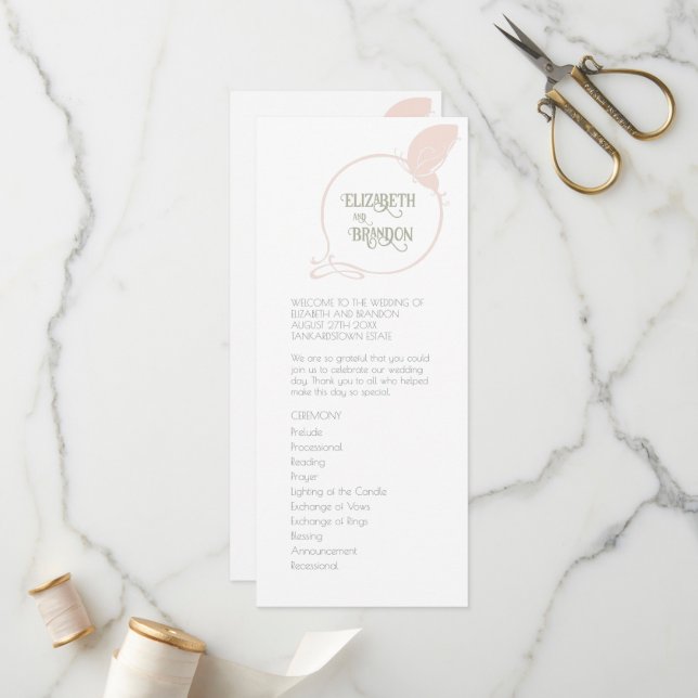 Art nouveau Vintage Butterfly  Rosa Bröllop Program (Fram/Back In Situ)