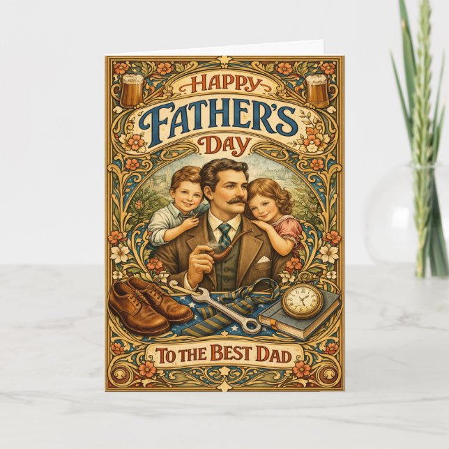 Art Nouveau Vintage Family Fathers Day Helgkort (Framsida)