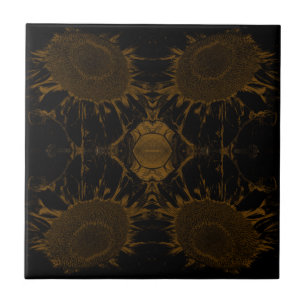 art nouveau Vintage Solros Black Guld Blommigt Kakelplatta