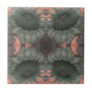 art nouveau Vintage SolrossolrosGrönt Orange Blom Kakelplatta