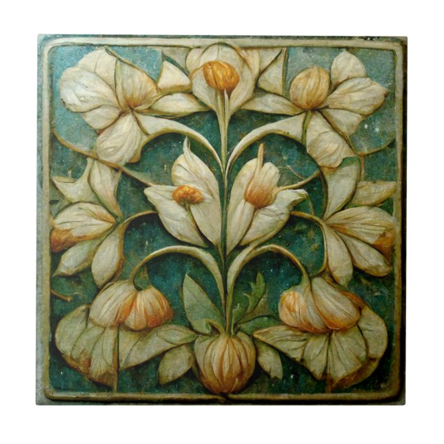 Art nouveau White Flowers, blå Grönt, bakgrund Kakelplatta (Framsidan)