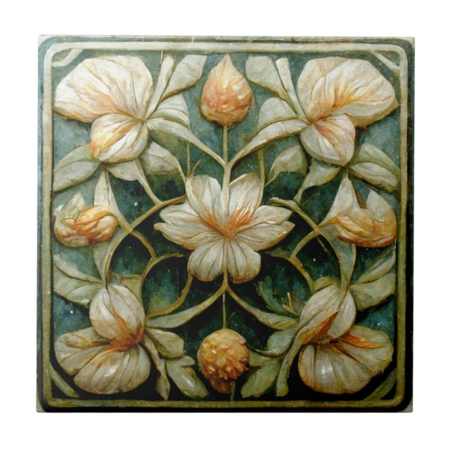 Art nouveau White Flowers, Fransk Blue Background Kakelplatta (Framsidan)