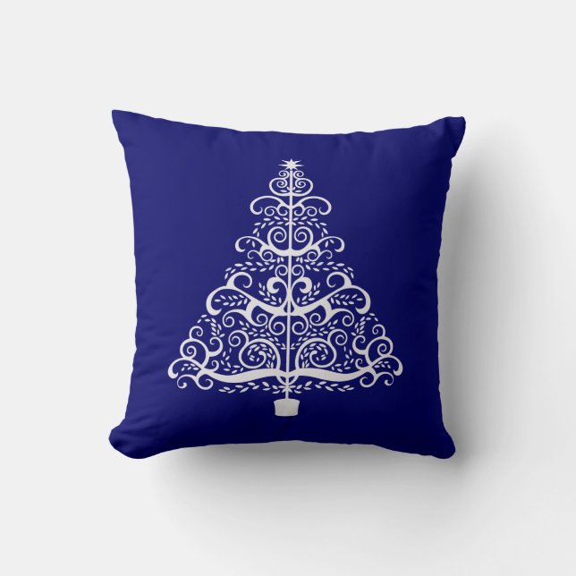 Art nouveau White Helgdag Träd om Blue Kudde (Framsida)