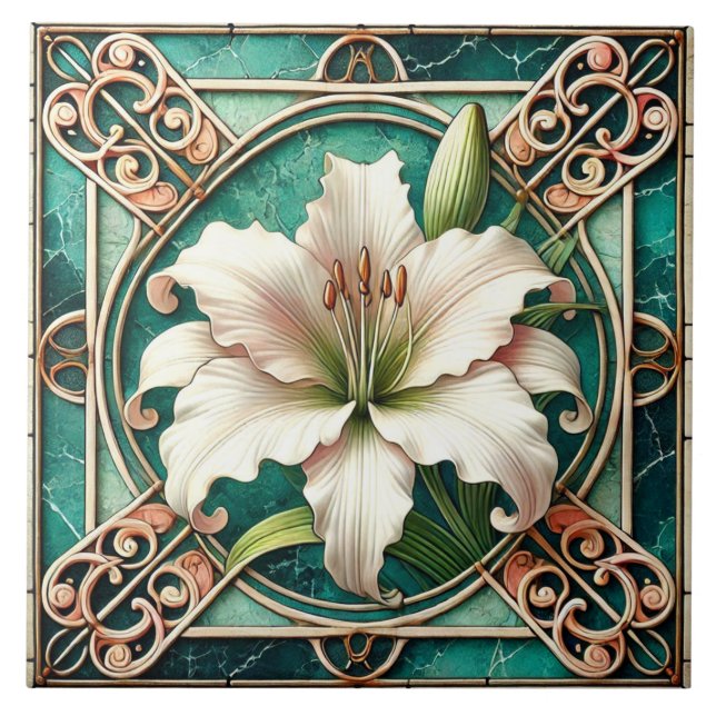 Art nouveau White Lily Flower Motif Kakelplatta (Framsidan)