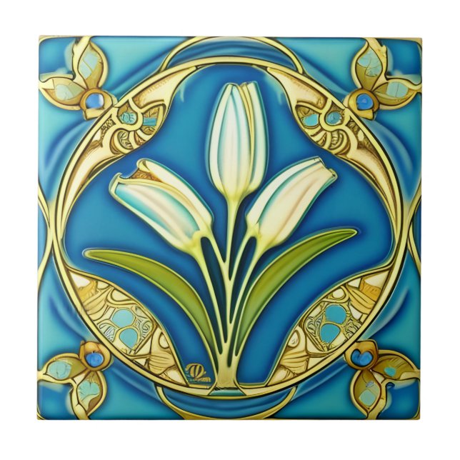 Art nouveau White Stylized Lily Kakelplatta (Framsidan)