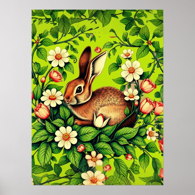 Art Nouveau Wild Rabbit and Flowers Poster (Framsidan)