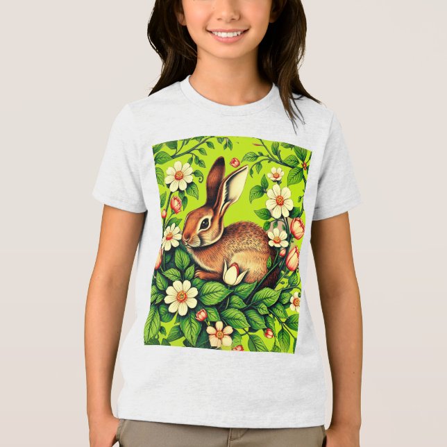 Art Nouveau Wild Rabbit and Flowers T Shirt (Framsida)